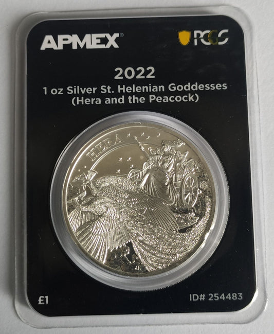 2022 St. Helena Hera and the Peacock 1 oz Silver Coin in MintDirect Premier Packaging + PCGS FirstStrike Eligible