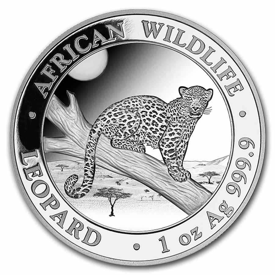 2021 Somalia African Wildlife Series: Leopard 1 oz Silver Coin in Capsule (note: contains milkspots)