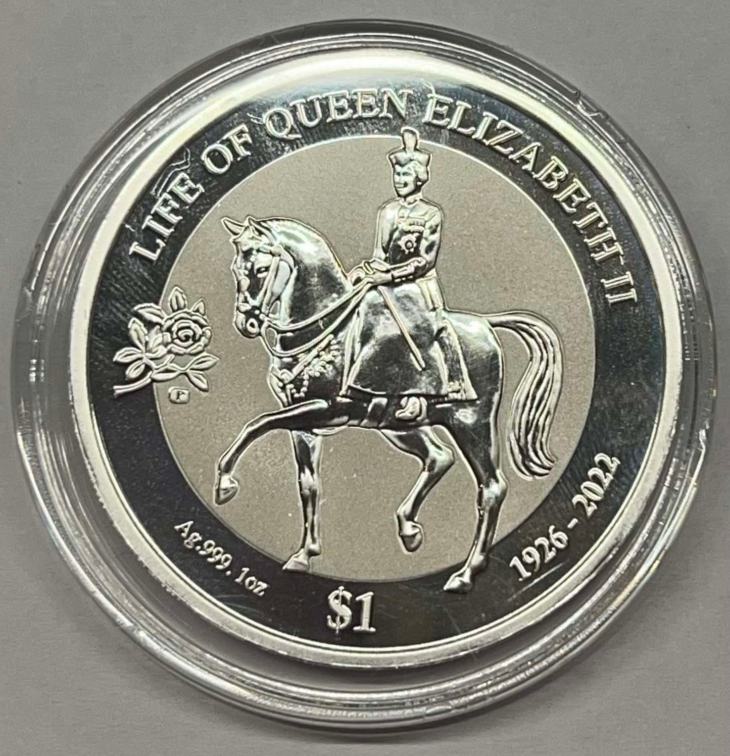 2022 BVI Life of Queen Elizabeth 1 oz Silver Coin in Capsule (note: may contain minor contact marks)