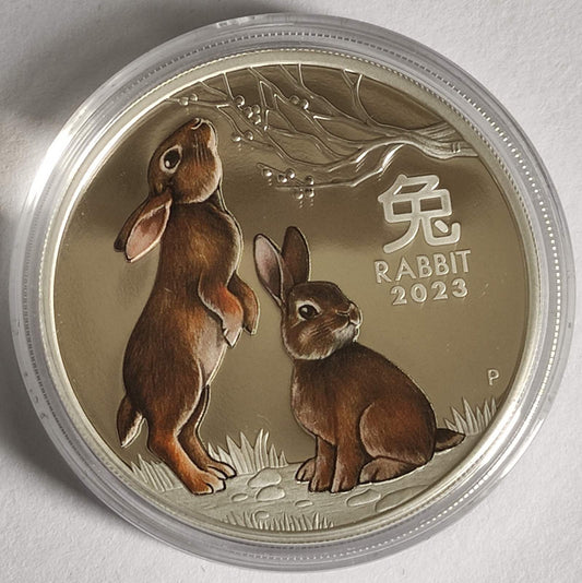 2023 Australia Lunar Series III - Year of the Rabbit 1 oz Proof Colorized Silver Coin in Capsule with Case, Box,and COA