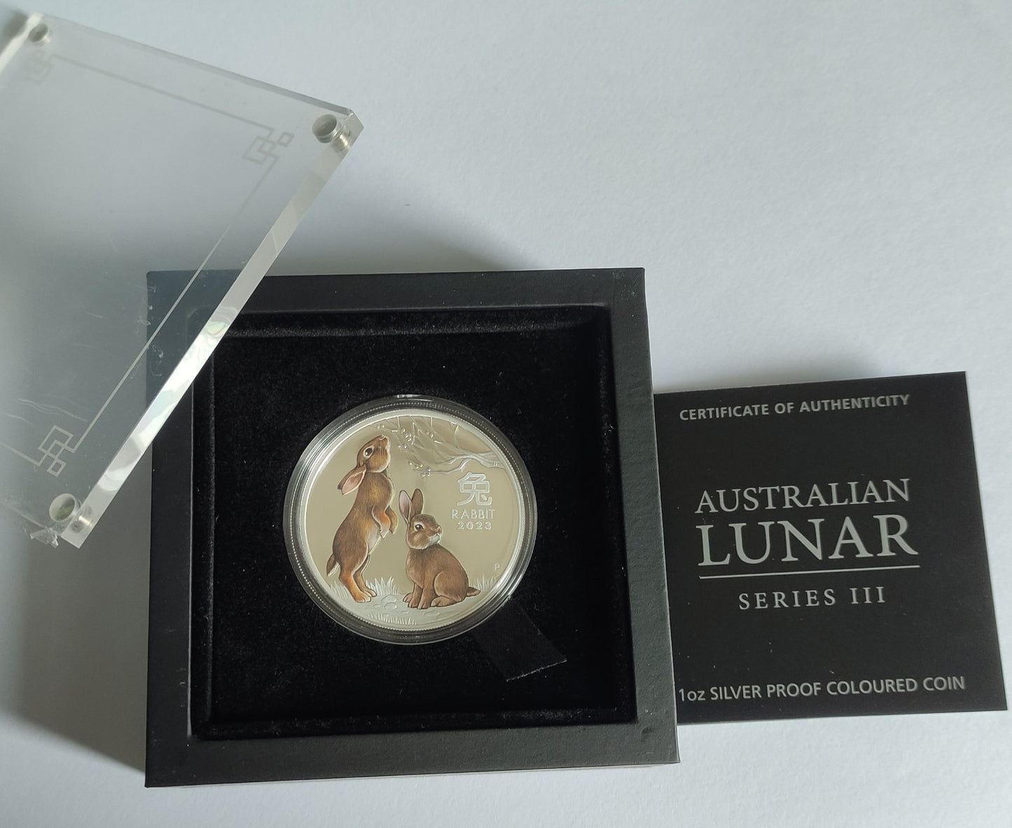 2023 Australia Lunar Series III - Year of the Rabbit 1 oz Proof Colorized Silver Coin in Capsule with Case, Box,and COA