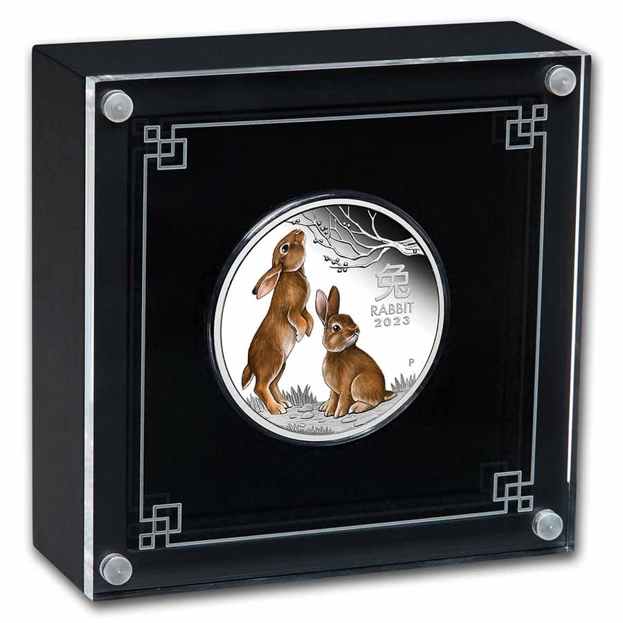 2023 Australia Lunar Series III - Year of the Rabbit 1 oz Proof Colorized Silver Coin in Capsule with Case, Box,and COA