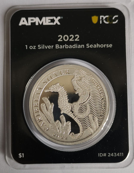 2022 Barbados Seahorse 1 oz Silver Coin in MintDirect Premier Packaging + PCGS FirstStrike Eligible