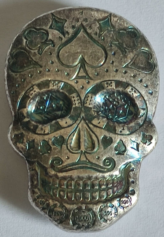 2 oz Hand Poured Silver Skull -Day of the Dead: Poker Face