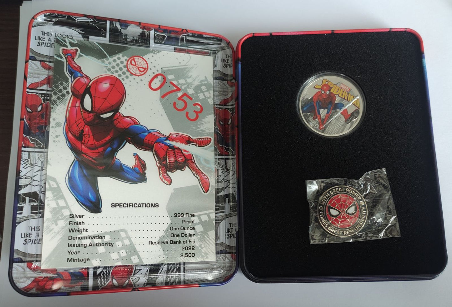 2022 Fiji Spiderman 1 oz Proof Colorized Silver Coin in Capsule with Presentation Case and COA