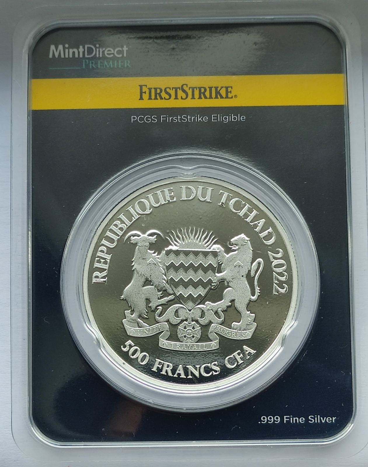 2022 Republic of Chad Celtic Animals: Wolfhound Dog 1 oz Silver Coin in MintDirect Premier Packaging + PCGS FirstStrike Eligible